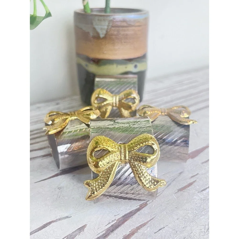 Vintage Oval Shaped Silver Plated Napkin Rings With Gold Bows Set Of 4 / Dining